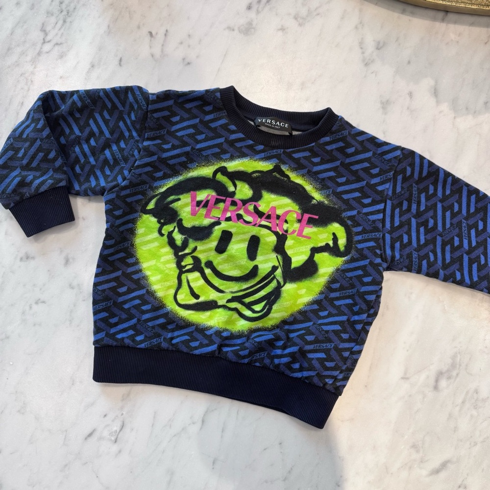 Versace Kids 5T Graffiti Medusa Logo Printed Blue Green Terry Sweatshirt Cotton